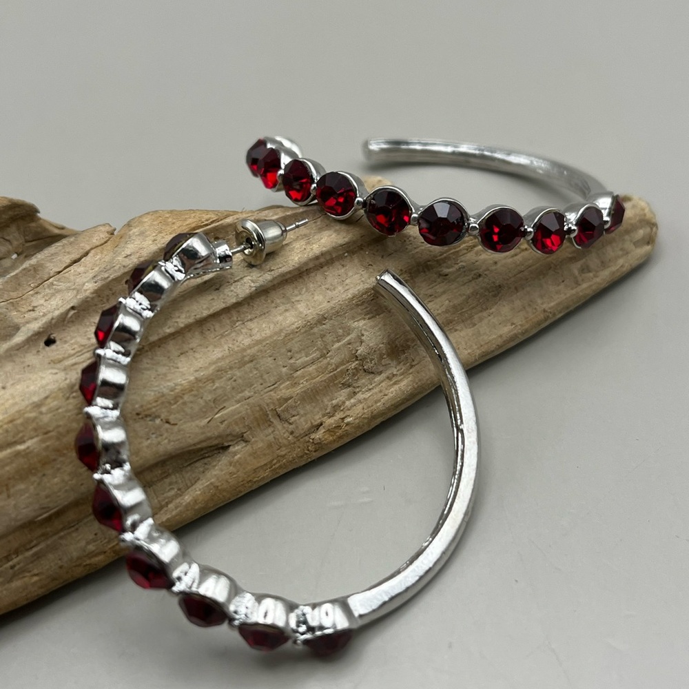 Elegant Silver and Red Crystal Hoop Earrings